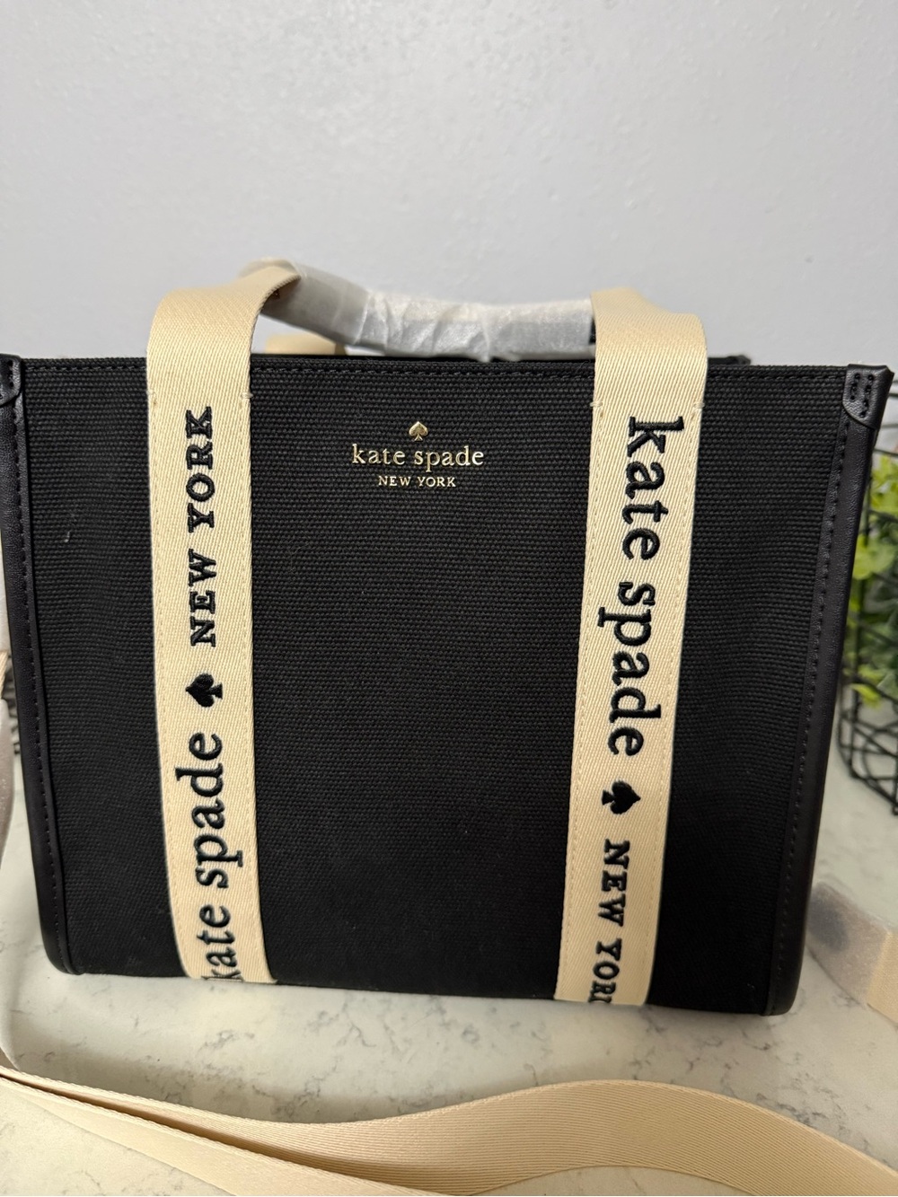 kate spade Black Canvas Tote with Branded Cream Straps